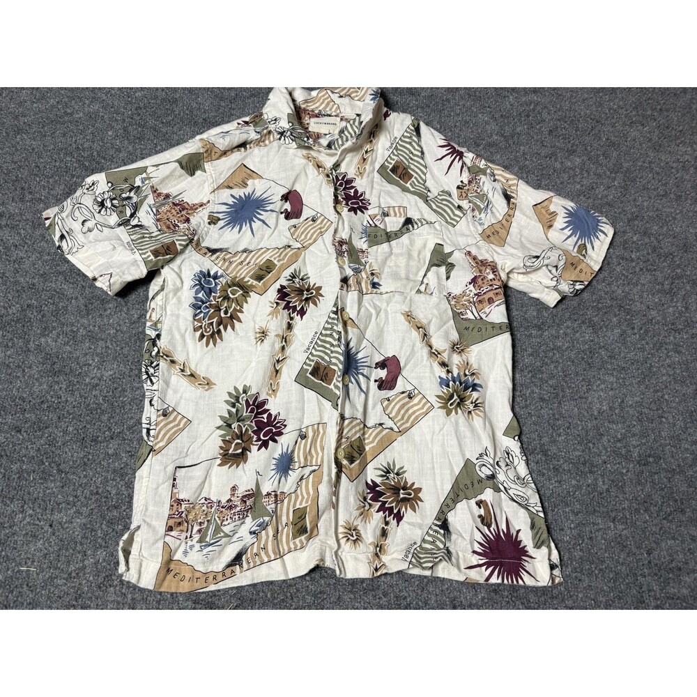 Lucky Brand Shirt Mens S Multicolor Short Sleeve Travel Cat Print Button-Up